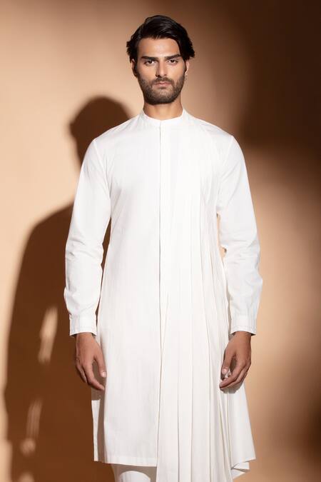 Shop_Studio Error_Off White Cotton Embroidery Hand Asymmetric Pleated Kurta _Online_at_Aza_Fashions