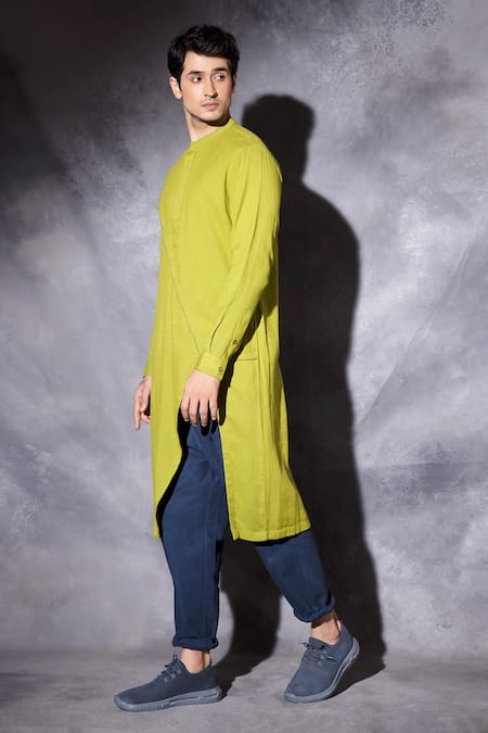 Buy_Studio Error_Yellow Cotton Embroidery Thread Hand Cross Kurta _Online_at_Aza_Fashions