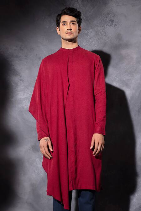 Studio Error_Red Cotton Embroidery Hand Asymmetric Draped Kurta _Online_at_Aza_Fashions