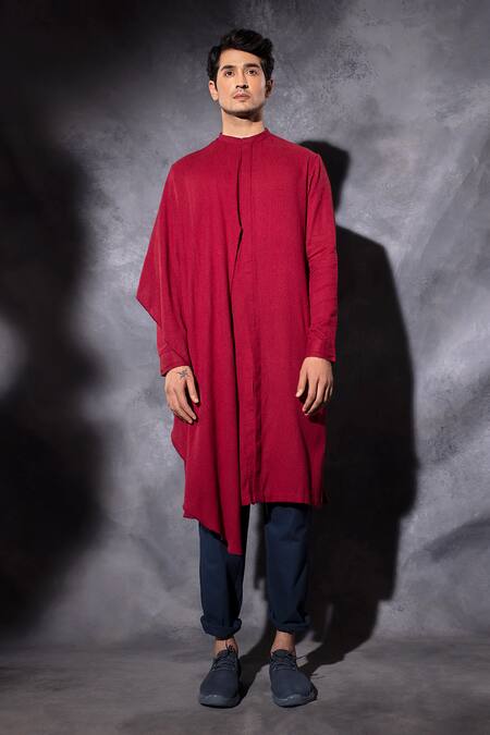 Buy_Studio Error_Red Cotton Embroidery Hand Asymmetric Draped Kurta _Online_at_Aza_Fashions