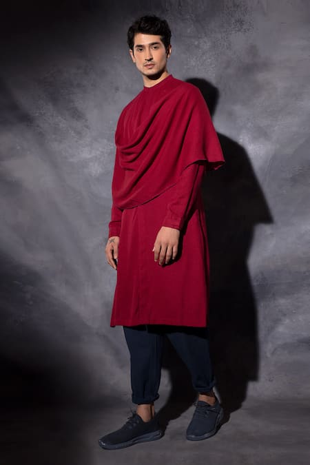Shop_Studio Error_Red Cotton Embroidery Hand Asymmetric Draped Kurta _Online_at_Aza_Fashions