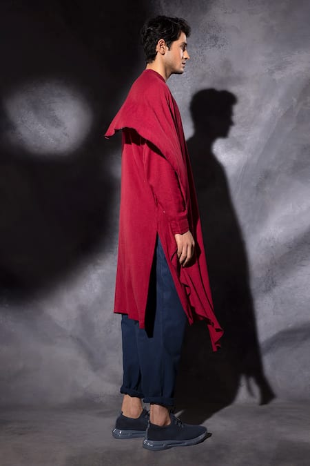 Studio Error_Red Cotton Embroidery Hand Asymmetric Draped Kurta _at_Aza_Fashions