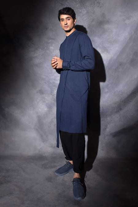 Studio Error_Blue Cotton Solid Cross Layer Draped Kurta _Online_at_Aza_Fashions