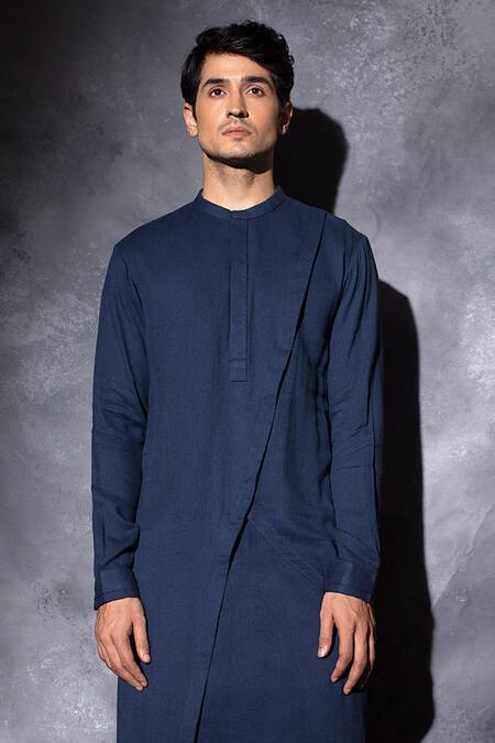 Buy_Studio Error_Blue Cotton Solid Cross Layer Draped Kurta _Online_at_Aza_Fashions