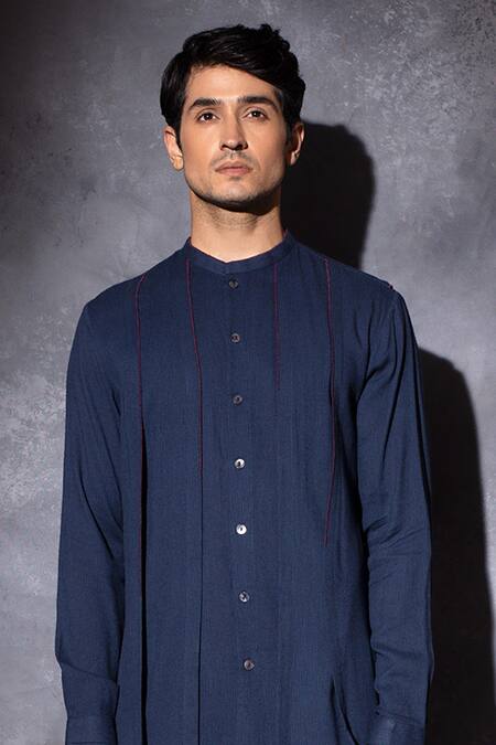 Studio Error_Blue Cotton Embroidery Contrasting Hand Layered Kurta _Online_at_Aza_Fashions