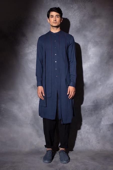Buy_Studio Error_Blue Cotton Embroidery Contrasting Hand Layered Kurta _Online_at_Aza_Fashions