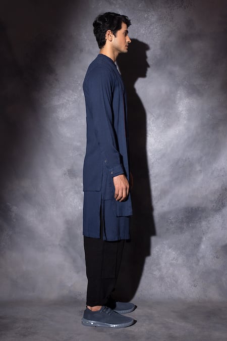 Shop_Studio Error_Blue Cotton Embroidery Contrasting Hand Layered Kurta _Online_at_Aza_Fashions