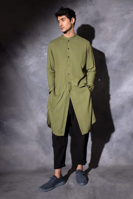 studio error Green Cotton Solid Front Cross Layered Kurta 