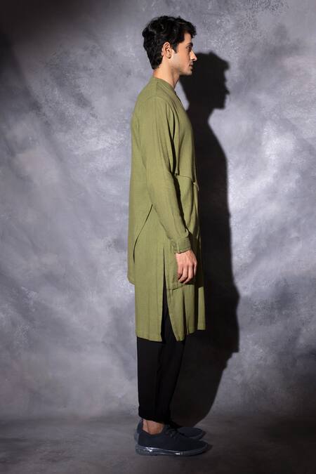 Studio Error_Green Cotton Solid Front Cross Layered Kurta _Online_at_Aza_Fashions