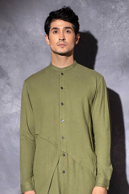 Buy_Studio Error_Green Cotton Solid Front Cross Layered Kurta _Online_at_Aza_Fashions