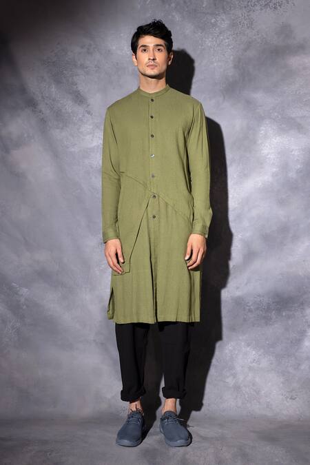 Shop_Studio Error_Green Cotton Solid Front Cross Layered Kurta _Online_at_Aza_Fashions