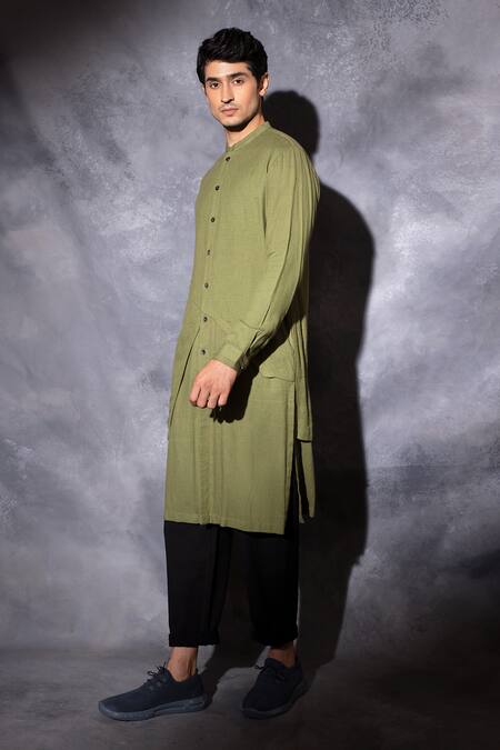 Studio Error_Green Cotton Solid Front Cross Layered Kurta _at_Aza_Fashions