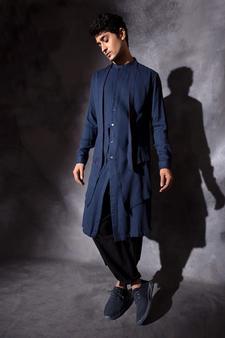Studio Error_Blue Cotton Embroidery Hand Multi Layered Kurta _Online_at_Aza_Fashions