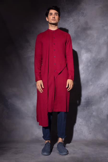 studio error Red Cotton Hand Embroidered Thread Double Layered Kurta 