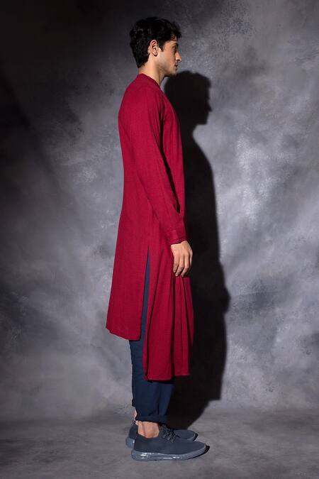 Studio Error_Red Cotton Embroidery Double Layered Hand Kurta _Online_at_Aza_Fashions