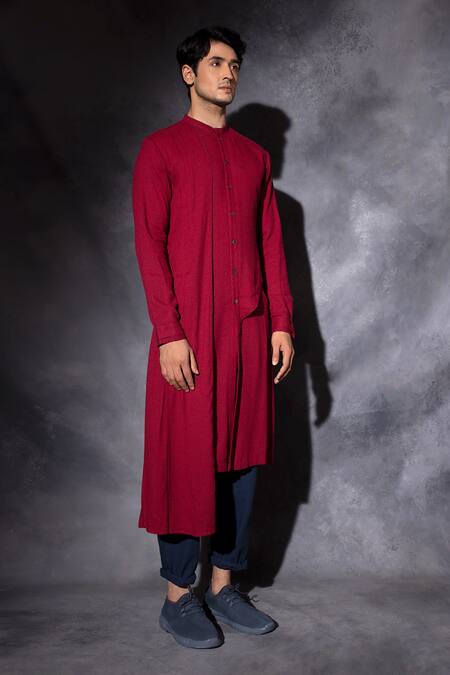 Buy_Studio Error_Red Cotton Embroidery Double Layered Hand Kurta _Online_at_Aza_Fashions