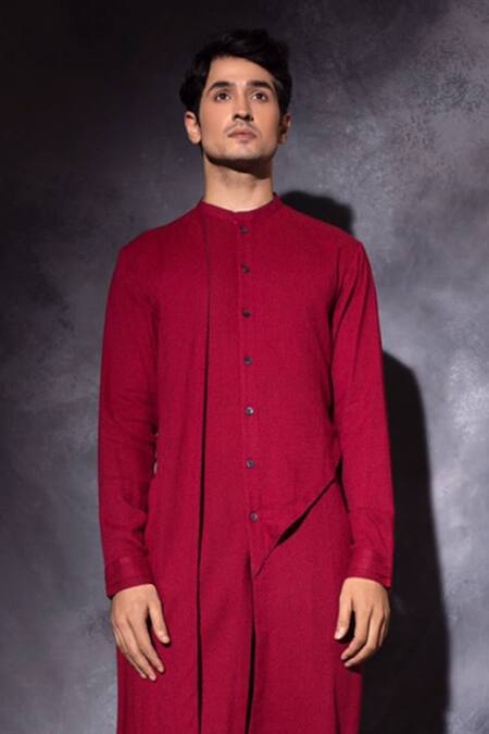 Shop_Studio Error_Red Cotton Embroidery Double Layered Hand Kurta _Online_at_Aza_Fashions