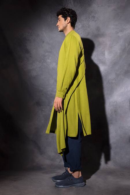 Studio Error_Yellow Cotton Embroidery Thread Hand Asymmetric Draped Kurta_Online_at_Aza_Fashions