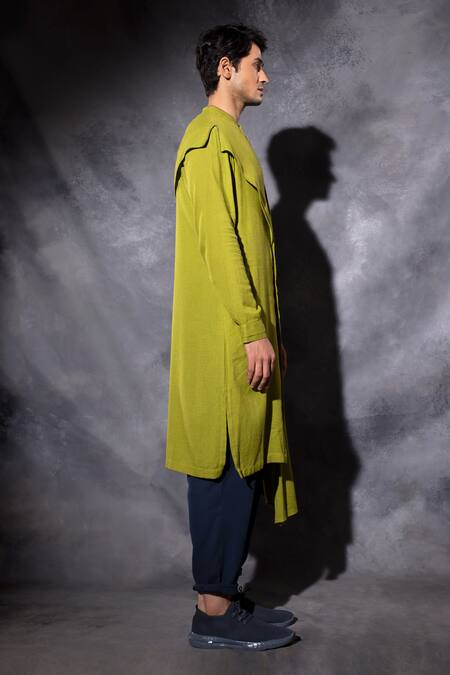 Buy_Studio Error_Yellow Cotton Embroidery Thread Hand Asymmetric Draped Kurta_Online_at_Aza_Fashions