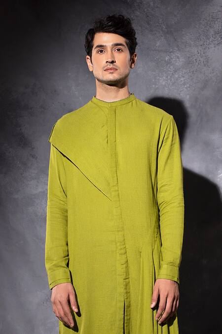 Shop_Studio Error_Yellow Cotton Embroidery Thread Hand Asymmetric Draped Kurta_Online_at_Aza_Fashions