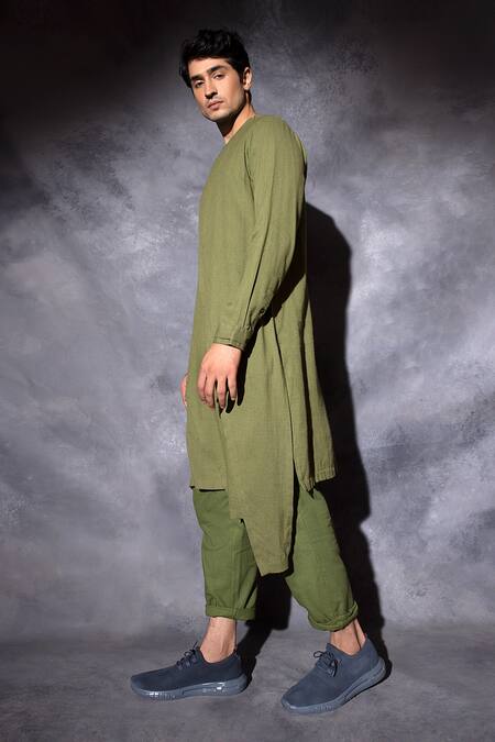 Studio Error_Green Cotton Embroidery Cross Double Layered Hand Kurta _Online_at_Aza_Fashions