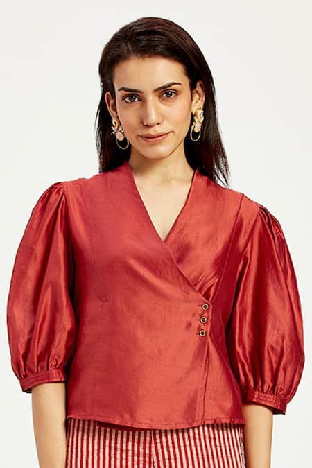 Shop_Madder Much_Red Chanderi Silk, Cotton V-neck Agra Folksy Wrap Top With Flared Pant _at_Aza_Fashions