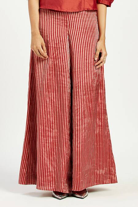 Madder Much_Red Chanderi Silk, Cotton V-neck Agra Folksy Wrap Top With Flared Pant _Online_at_Aza_Fashions