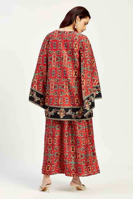 Shop Madder Much Red Chanderi Silk, Cotton, Alivia Serene Print Cape Style Jacket With Dress at Aza Fashions Shop_Madder Much_Red Chanderi Silk, Cotton, Alivia Serene Print Cape Style Jacket With Dress _at_Aza_Fashions