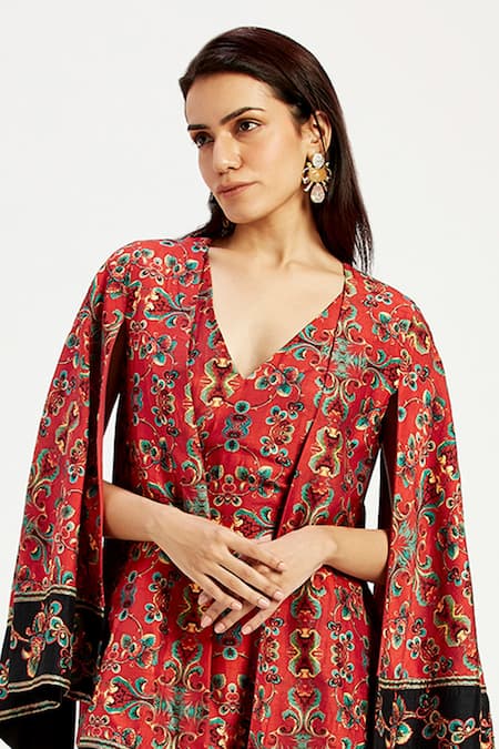 Madder Much Red Chanderi Silk, Cotton, Alivia Serene Print Cape Style Jacket With Dress Online at Aza Fashions Madder Much_Red Chanderi Silk, Cotton, Alivia Serene Print Cape Style Jacket With Dress _Online_at_Aza_Fashions