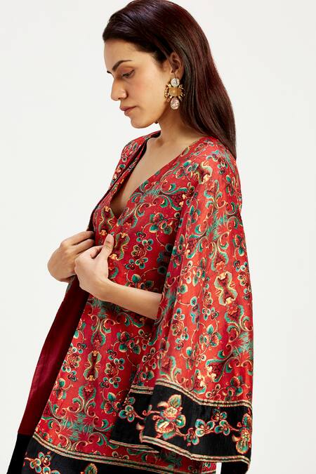 Buy Madder Much Red Chanderi Silk, Cotton, Alivia Serene Print Cape Style Jacket With Dress Online at Aza Fashions Buy_Madder Much_Red Chanderi Silk, Cotton, Alivia Serene Print Cape Style Jacket With Dress _Online_at_Aza_Fashions