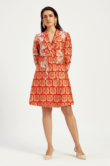 Madder Much Orange 100% Handloom Chanderi Tissue Zari Amala Applique Boxy Blazer Dress 