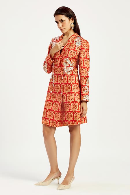 Madder Much_Orange Chanderi Silk, Cotton, Handloom Amala Floral Applique Boxy Blazer Dress _Online_at_Aza_Fashions