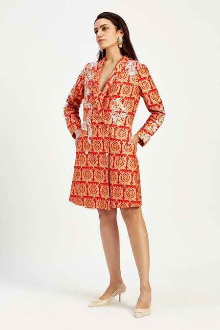 Buy_Madder Much_Orange Chanderi Silk, Cotton, Handloom Amala Floral Applique Boxy Blazer Dress _Online_at_Aza_Fashions