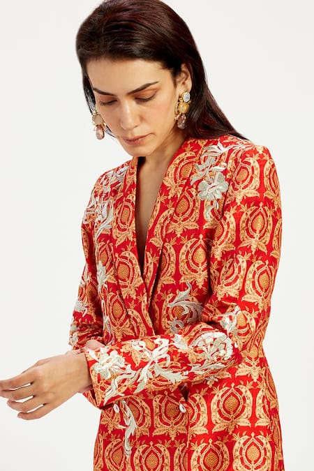 Shop_Madder Much_Orange Chanderi Silk, Cotton, Handloom Amala Floral Applique Boxy Blazer Dress _Online_at_Aza_Fashions
