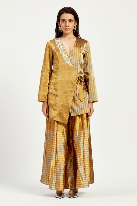 Shop Madder Much Gold Silk, Cusco Bow Blazer With Peeking Sun Trouser Online at Aza Fashions Shop_Madder Much_Gold Silk, Cusco Bow Blazer With Peeking Sun Trouser _Online_at_Aza_Fashions