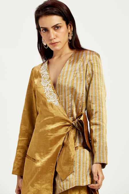 Madder Much Gold Silk, Cusco Bow Blazer With Peeking Sun Trouser at Aza Fashions Madder Much_Gold Silk, Cusco Bow Blazer With Peeking Sun Trouser _at_Aza_Fashions