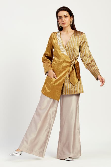 Madder Much_Gold Chanderi Silk Embroidery Cusco Bow Blazer With Wide Leg Pant _Online_at_Aza_Fashions