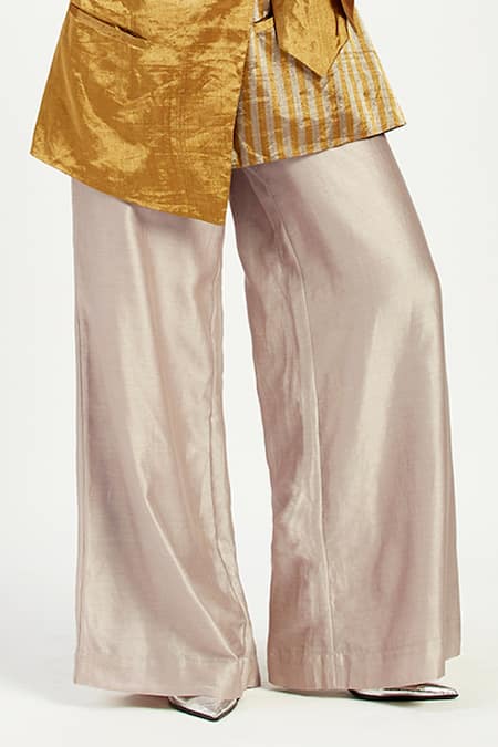 Buy_Madder Much_Gold Chanderi Silk Embroidery Cusco Bow Blazer With Wide Leg Pant _Online_at_Aza_Fashions