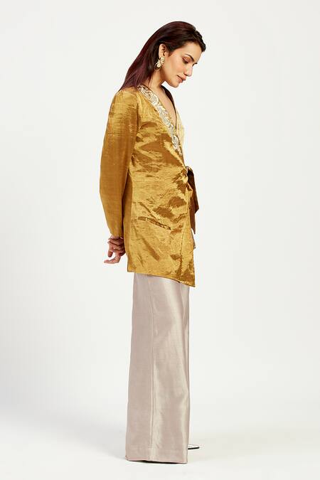 Shop_Madder Much_Gold Chanderi Silk Embroidery Cusco Bow Blazer With Wide Leg Pant _Online_at_Aza_Fashions