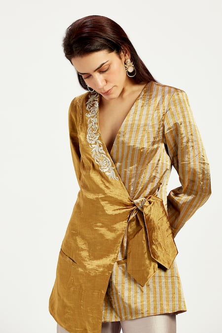 Madder Much_Gold Chanderi Silk Embroidery Cusco Bow Blazer With Wide Leg Pant _at_Aza_Fashions