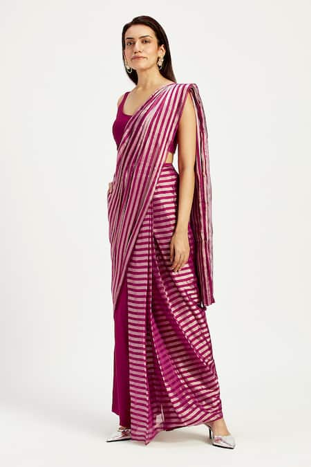 Buy_Madder Much_Purple Chanderi Silk Embroidery Round Neck Dani Techno Floral Pant Saree Set _Online_at_Aza_Fashions