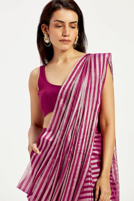 Shop_Madder Much_Purple Chanderi Silk Embroidery Round Neck Dani Techno Floral Pant Saree Set _Online_at_Aza_Fashions