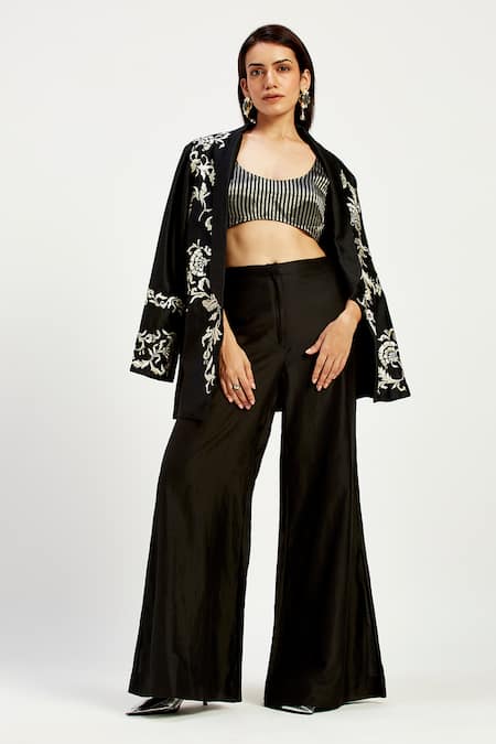 Madder Much Ebony Tendril Embroidered Blazer & Pant Set 