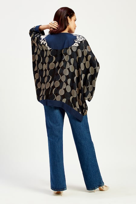 Shop Madder Much Blue Satin, Cotton Applique Boat Neck Echo Dreamy Moon Oversized Asymmetric Top at Aza Fashions Shop_Madder Much_Blue Satin, Cotton Applique Boat Neck Echo Dreamy Moon Oversized Asymmetric Top _at_Aza_Fashions