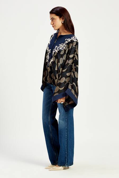 Buy Madder Much Blue Satin, Cotton Applique Boat Neck Echo Dreamy Moon Oversized Asymmetric Top Online at Aza Fashions Buy_Madder Much_Blue Satin, Cotton Applique Boat Neck Echo Dreamy Moon Oversized Asymmetric Top _Online_at_Aza_Fashions