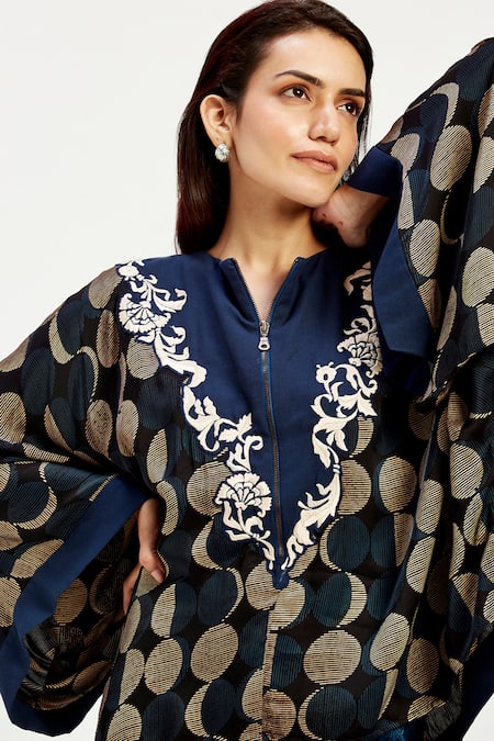 Shop Madder Much Blue Satin, Cotton Applique Boat Neck Echo Dreamy Moon Oversized Asymmetric Top Online at Aza Fashions Shop_Madder Much_Blue Satin, Cotton Applique Boat Neck Echo Dreamy Moon Oversized Asymmetric Top _Online_at_Aza_Fashions