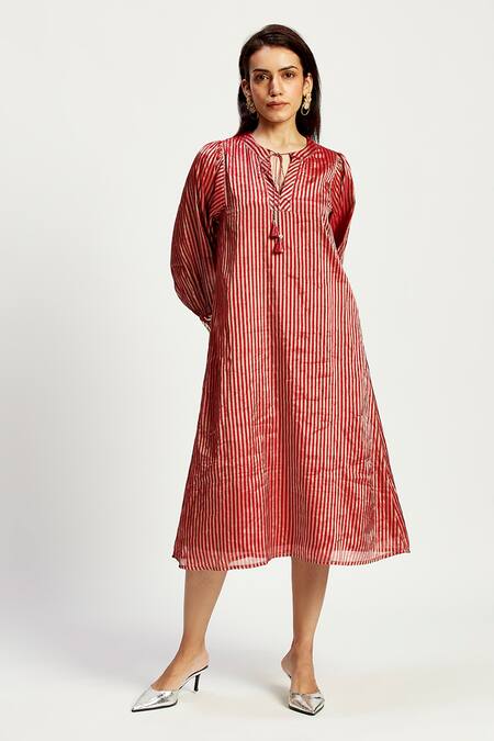 Madder Much_Red Chanderi Silk, Cotton Embroidery, Cut Work Flynn Stripe Pattern A-line Dress _Online_at_Aza_Fashions