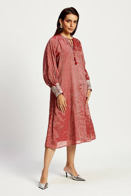 Buy_Madder Much_Red Chanderi Silk, Cotton Embroidery, Cut Work Flynn Stripe Pattern A-line Dress _Online_at_Aza_Fashions