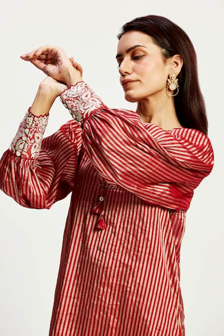 Shop_Madder Much_Red Chanderi Silk, Cotton Embroidery, Cut Work Flynn Stripe Pattern A-line Dress _Online_at_Aza_Fashions