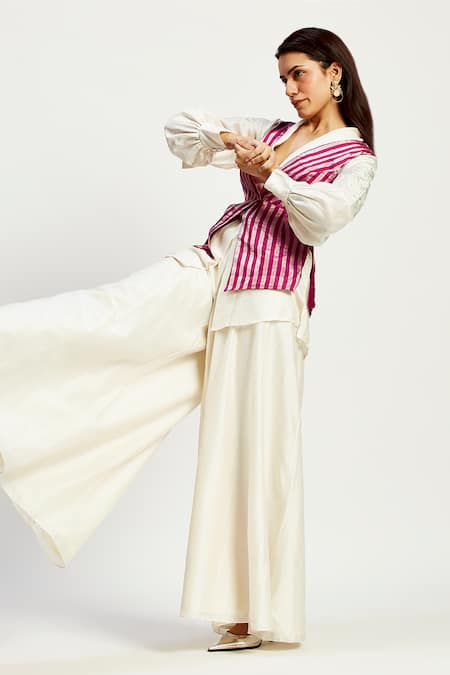 Madder Much Ivory Chanderi Silk, Margo Stripe Pattern Asymmetrical Vest With Flared Pant Online at Aza Fashions Madder Much_Ivory Chanderi Silk, Margo Stripe Pattern Asymmetrical Vest With Flared Pant _Online_at_Aza_Fashions